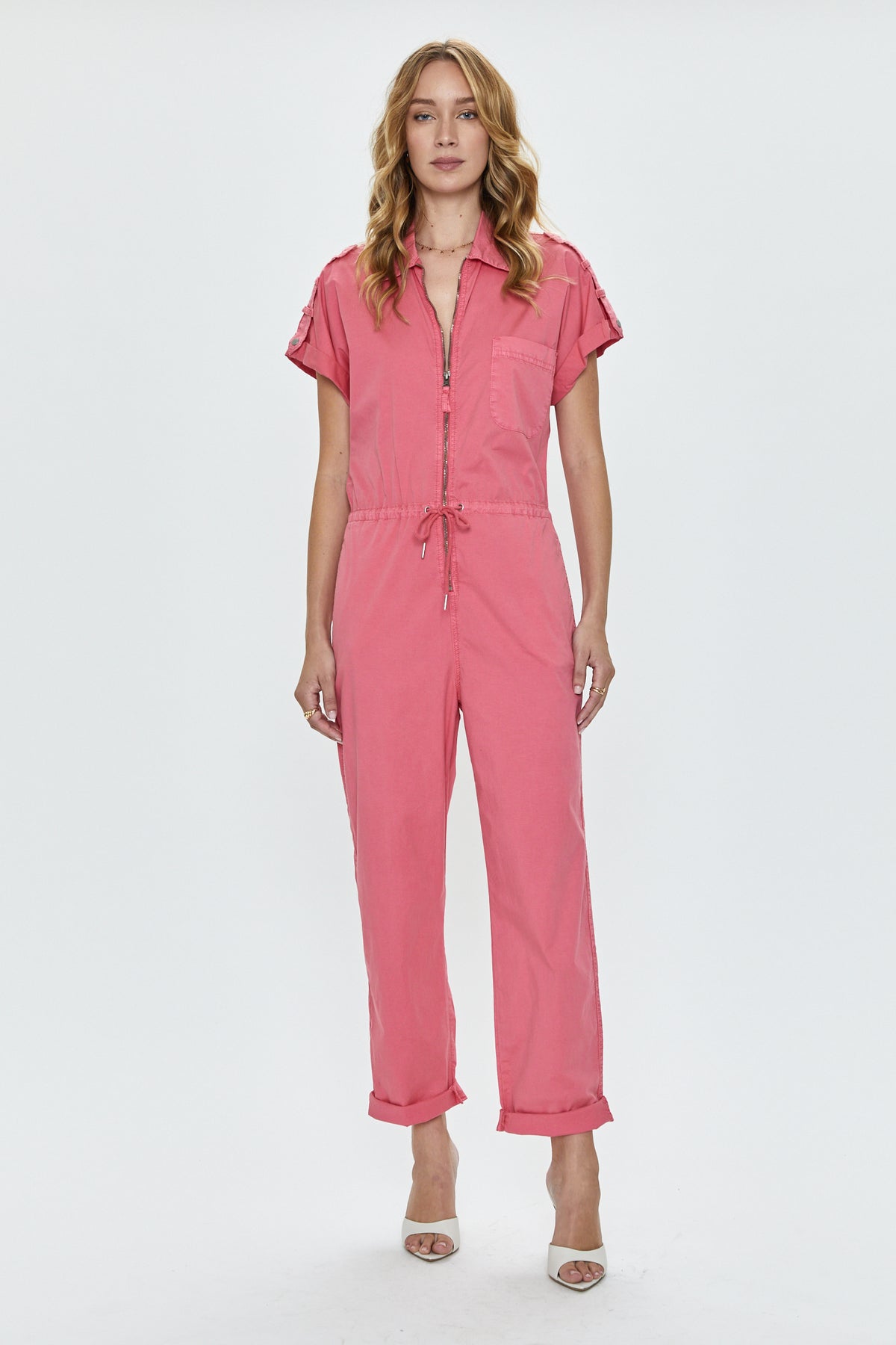 Jordan Short Sleeve Zip Front Jumpsuit - Pink Punch
            
              Sale